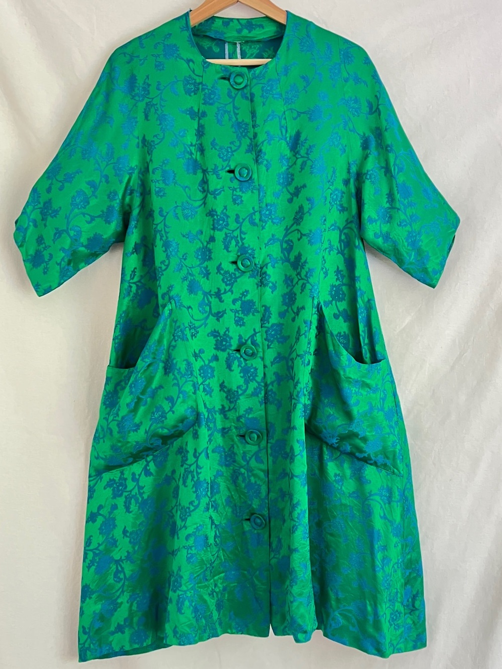 Vintage Green Blue Floral Brocade Swing Coat Cocoon Opera Jacket Statement
